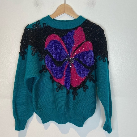 Jaclyn Smith 80s 90s Sweater Size M Embroidered Flower Chunky Blue Puff Sleeves - Picture 1 of 11